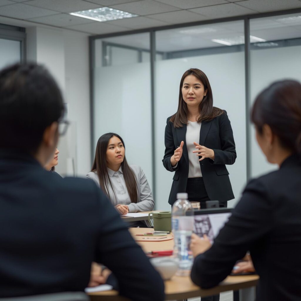 Team collaboration during in-house corporate training session