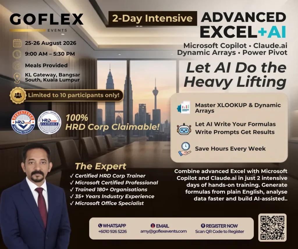 GOFLEX EVENTS poster for the 2-day Advanced Excel and AI-Powered Excel Tools training in Kuala Lumpur, HRD Corp claimable