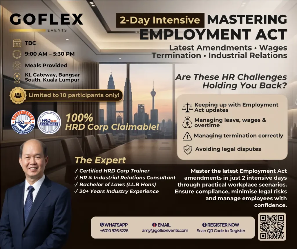 GOFLEX EVENTS poster for the 2-day Mastering Employment Act training in Kuala Lumpur, HRD Corp claimable