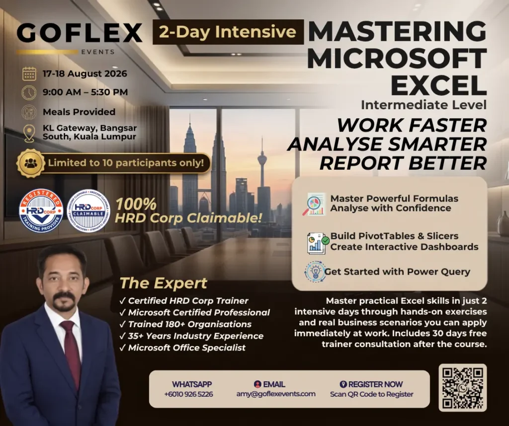 GOFLEX EVENTS poster for the 2-day Mastering Microsoft Excel Intermediate and Advanced training in Kuala Lumpur, HRD Corp claimable