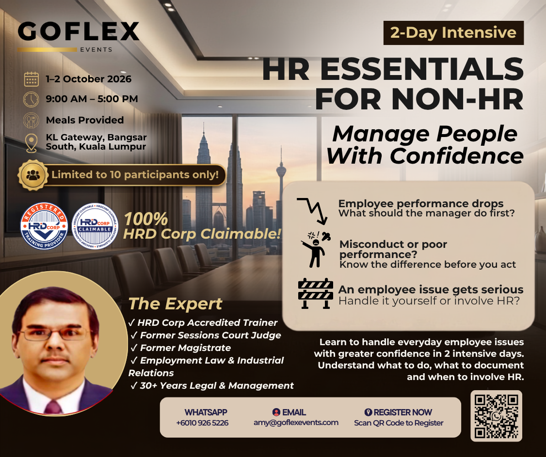 GOFLEX EVENTS poster for the 2-day HR for Non-HR Executives and Managers training in Kuala Lumpur, HRD Corp claimable