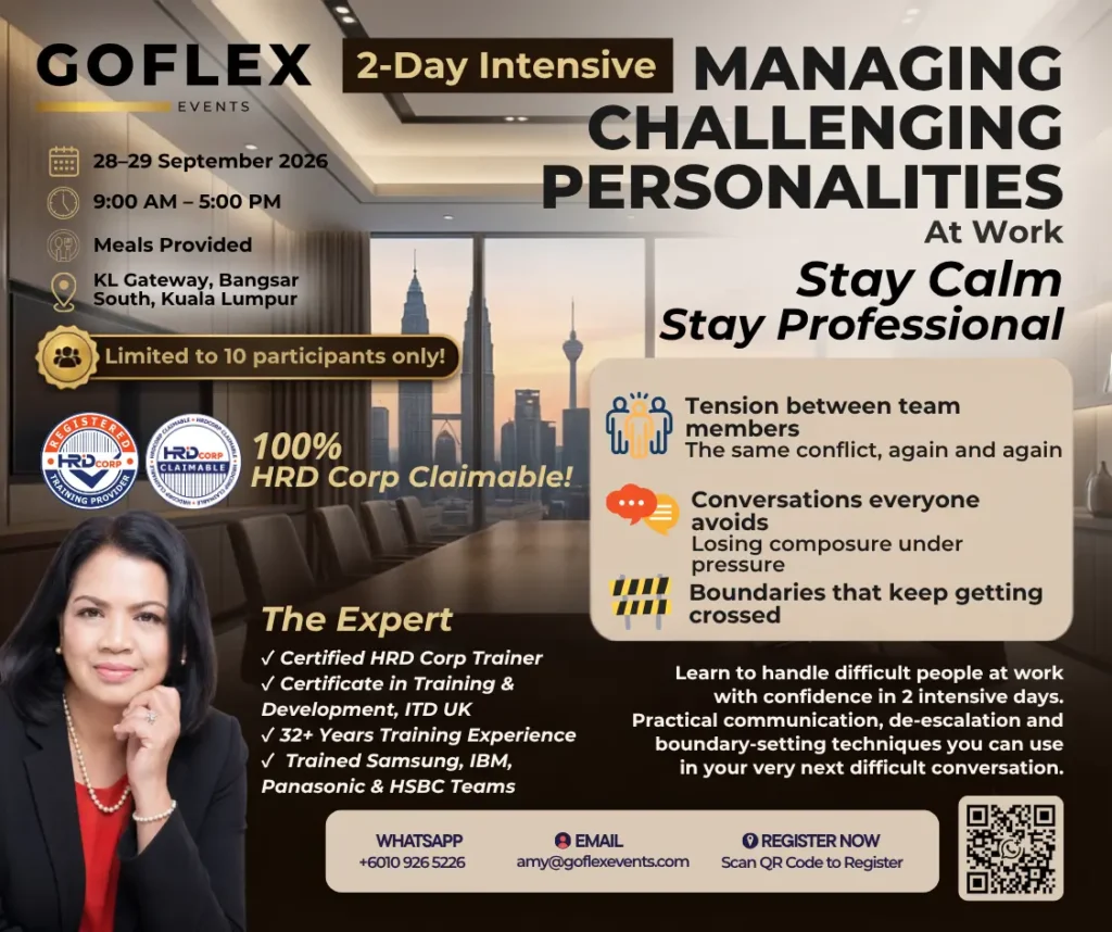 Managing Challenging Personalities at Work training course in Kuala Lumpur on 28–29 September 2026 by GOFLEX EVENTS.