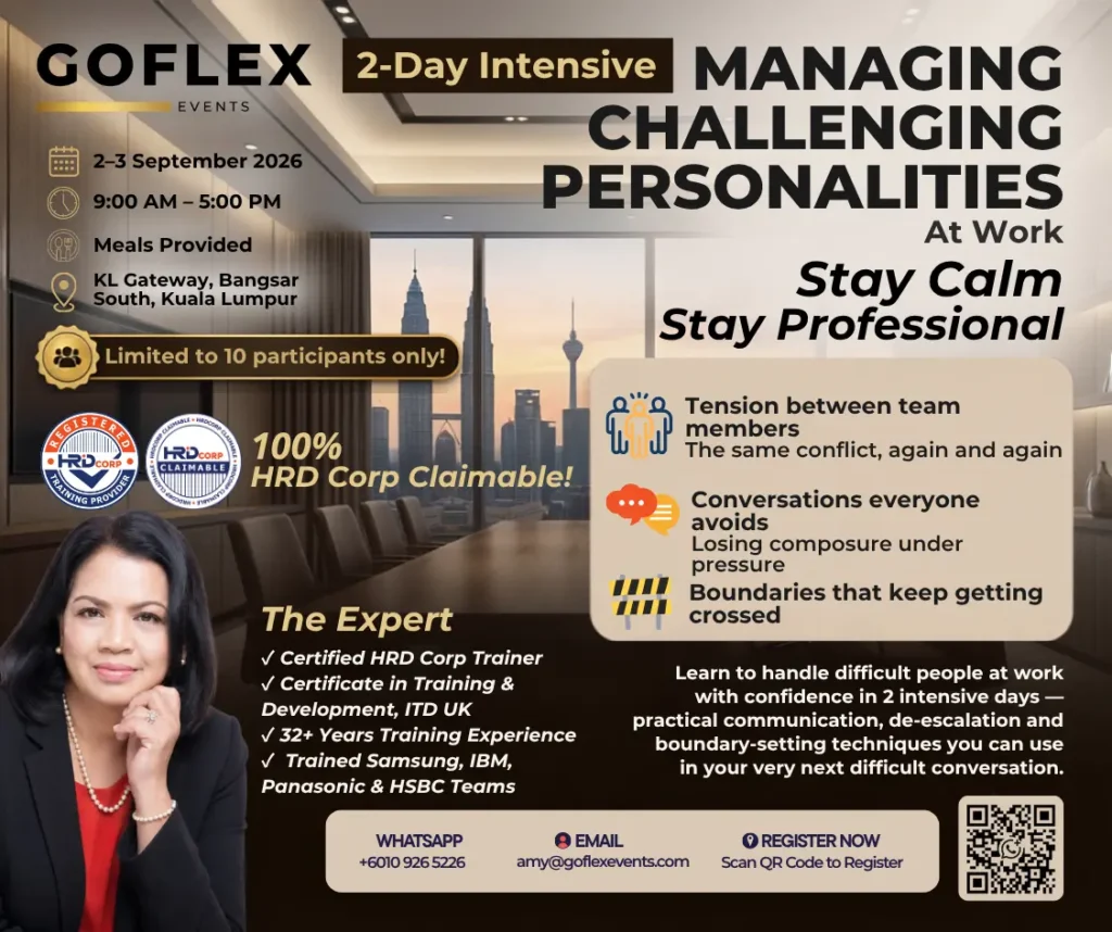 Managing Challenging Personalities at Work training course in Kuala Lumpur on 2–3 September 2026 by GOFLEX EVENTS.