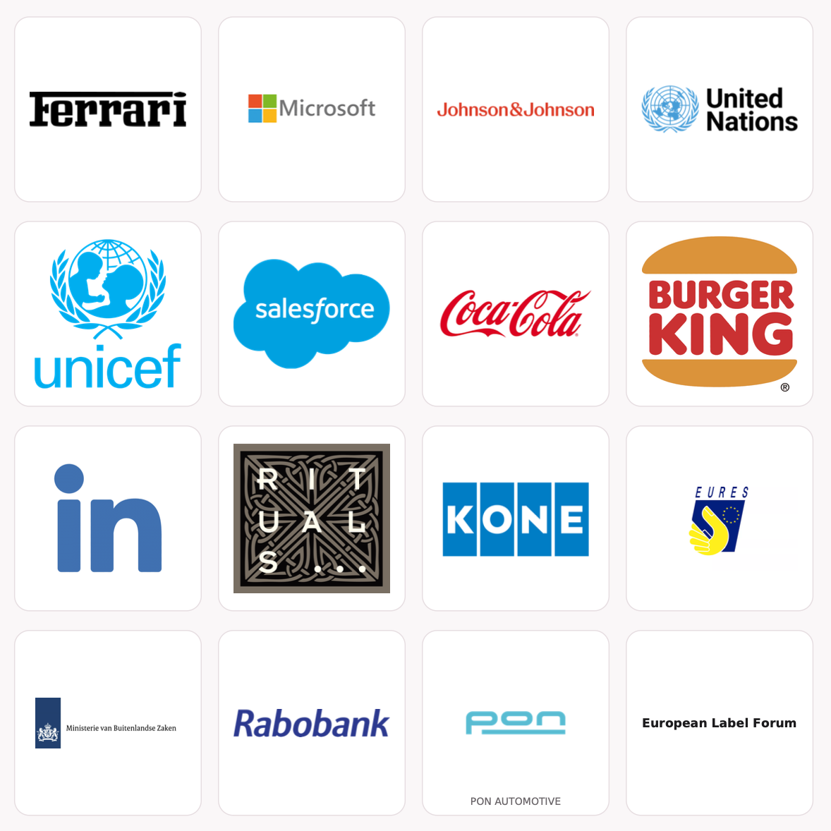 Selected organisations from Laura Bas published international client portfolio including Ferrari, Microsoft, Johnson and Johnson, United Nations, UNICEF, Salesforce, Coca-Cola, Burger King, LinkedIn, Rituals, KONE and Rabobank