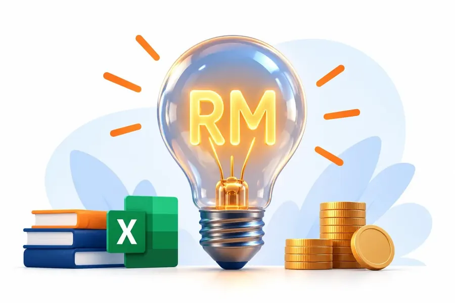 Lightbulb with RM symbol, Excel icon and coins illustrating the use of HRD Corp training levy for Excel training in Malaysia